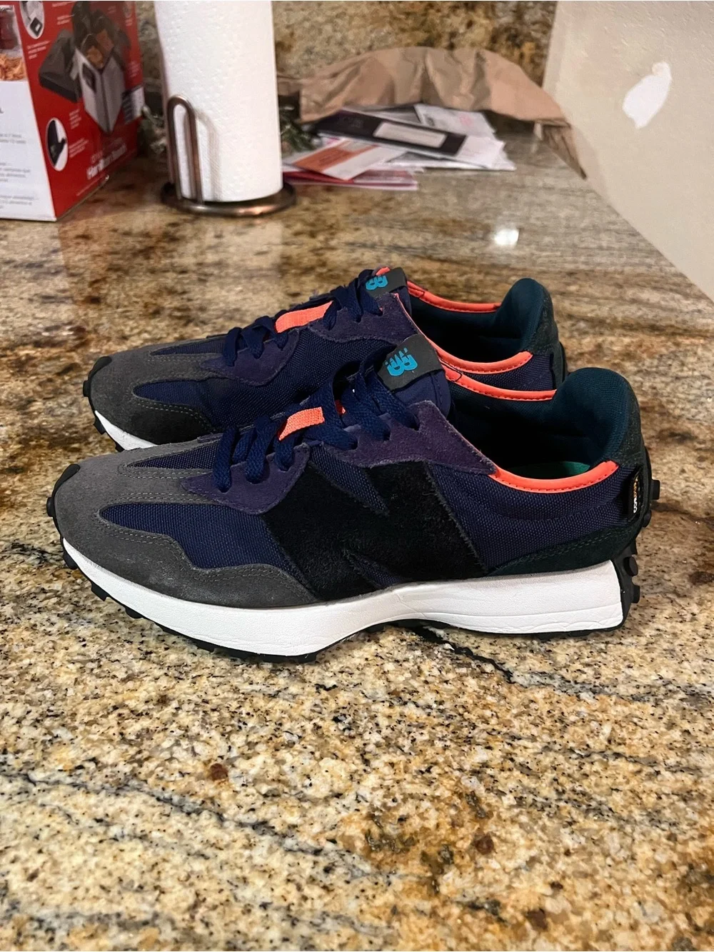 New Balance navy, gray & black sneakers with coral trim